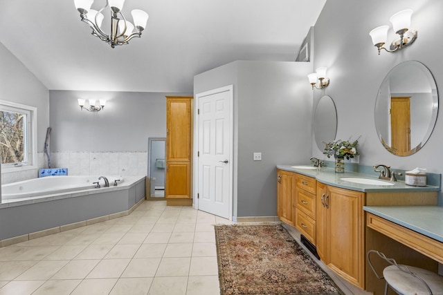 5 Ridge Ln, Shelton, CT 06484 - bathroom with double vanity, a notable chandelier, a sink, and a garden tub