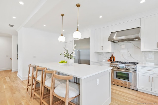 345 Reef Rd Unit B6, Fairfield, CT 06824 - kitchen with high quality appliances, ventilation hood, a center island, tasteful backsplash, and recessed lighting