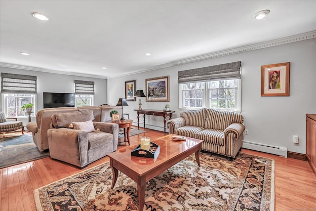 70 Cali Dr, Shelton, CT 06484 - living room featuring light wood finished floors, baseboard heating, recessed lighting, and ornamental molding