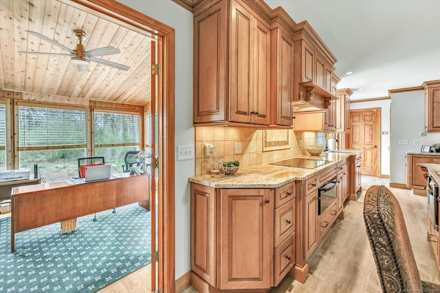 70 Cali Dr, Shelton, CT 06484 - kitchen with tasteful backsplash, ceiling fan, light wood finished floors, baseboards, and light stone countertops