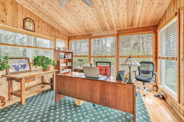 70 Cali Dr, Shelton, CT 06484 - office space featuring wooden walls, vaulted ceiling, hardwood / wood-style floors, and wooden ceiling