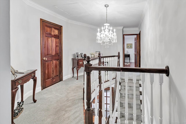 70 Cali Dr, Shelton, CT 06484 - hall with a notable chandelier, ornamental molding, an upstairs landing, and carpet