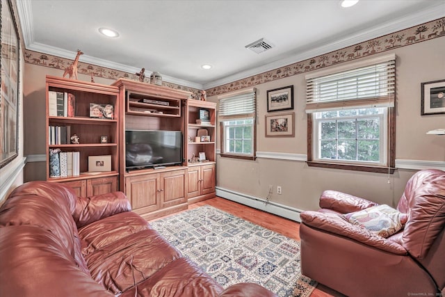 70 Cali Dr, Shelton, CT 06484 - living room featuring a baseboard heating unit, light wood-type flooring, baseboards, visible vents, and ornamental molding