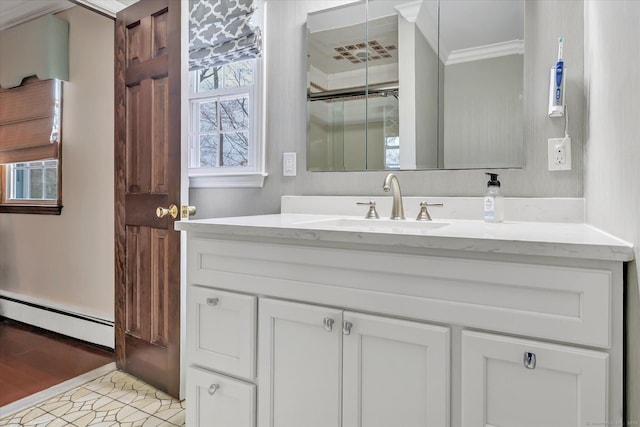 70 Cali Dr, Shelton, CT 06484 - bathroom with a baseboard radiator, a shower with door, ornamental molding, and vanity