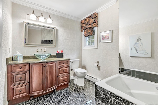 70 Cali Dr, Shelton, CT 06484 - bathroom featuring baseboard heating, vanity, a relaxing tiled tub, toilet, and ornamental molding