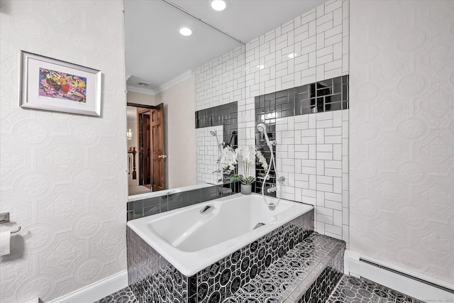 70 Cali Dr, Shelton, CT 06484 - bathroom featuring a bathing tub, a baseboard heating unit, baseboards, ornamental molding, and recessed lighting