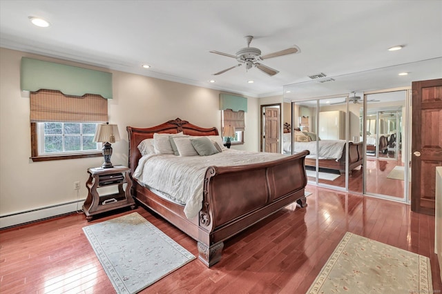 70 Cali Dr, Shelton, CT 06484 - bedroom featuring hardwood / wood-style floors, ceiling fan, ornamental molding, visible vents, and recessed lighting