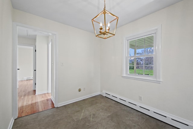 empty room with baseboard heating, baseboards, a chandelier, and a baseboard radiator