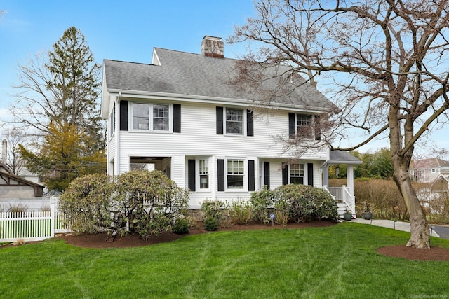 colonial inspired home with a chimney, fence, a front lawn, covered porch, and roof with shingles