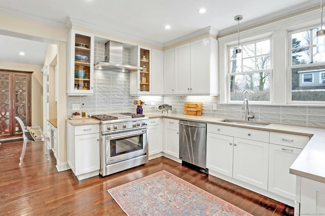 kitchen with crown molding, a sink, light countertops, wall chimney exhaust hood, and appliances with stainless steel finishes