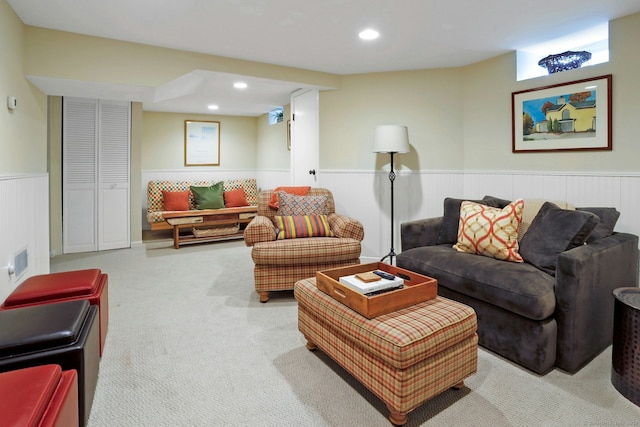 living room with wainscoting, carpet flooring, and recessed lighting