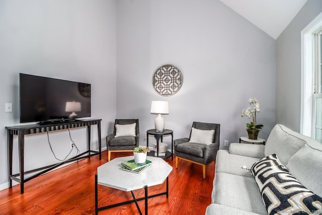 living area featuring wood finished floors and high vaulted ceiling