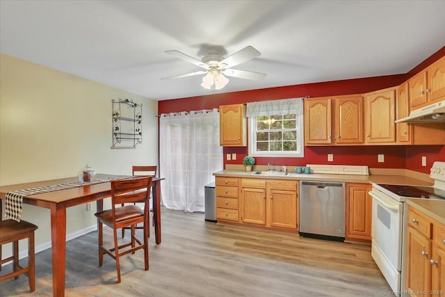 kitchen featuring dishwasher, electric stove, under cabinet range hood, a sink, and ceiling fan