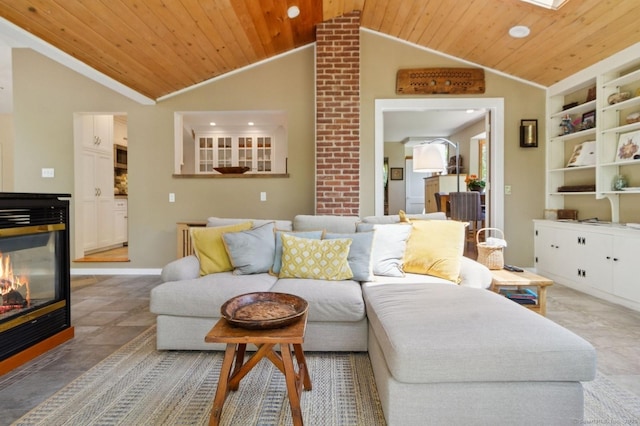 living area with lofted ceiling, wooden ceiling, a multi sided fireplace, recessed lighting, and built in features