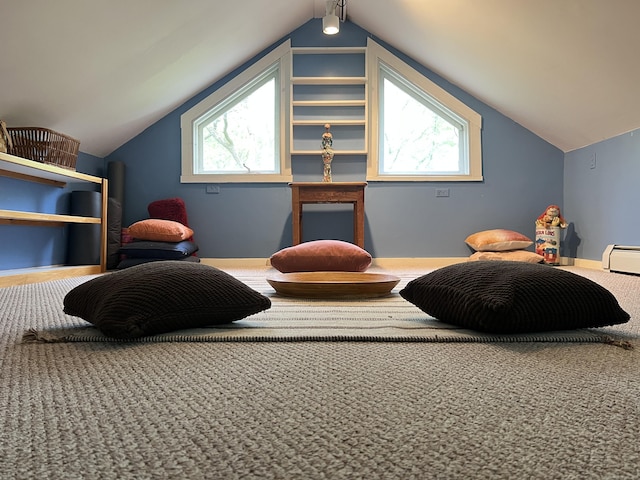 sitting room featuring vaulted ceiling and a baseboard heating unit