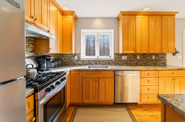 kitchen with tasteful backsplash, a sink, light wood-type flooring, stainless steel appliances, and under cabinet range hood