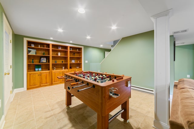 playroom with a baseboard heating unit, baseboards, visible vents, recessed lighting, and light tile patterned floors