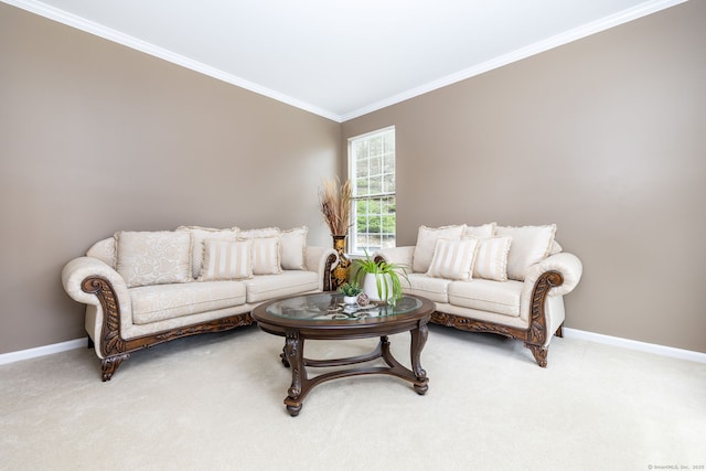 living area with light carpet, baseboards, and ornamental molding