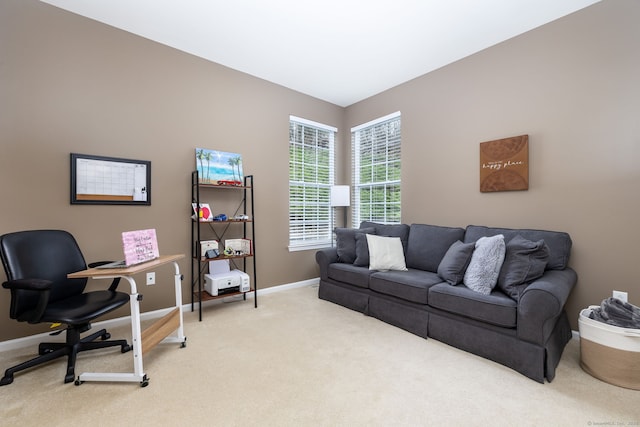 office with light carpet and baseboards