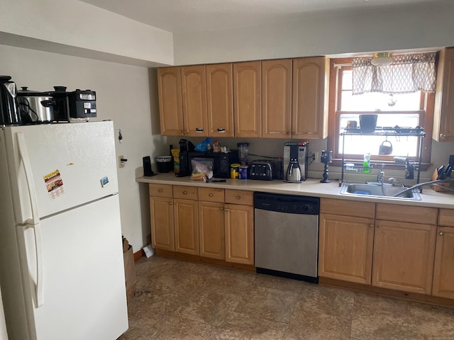 186 York St, West Haven, CT 06516 - kitchen featuring light countertops, freestanding refrigerator, a sink, and dishwasher
