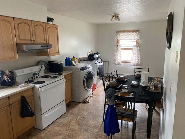 186 York St, West Haven, CT 06516 - kitchen featuring a textured ceiling, white range with electric cooktop, light countertops, under cabinet range hood, and washer and dryer