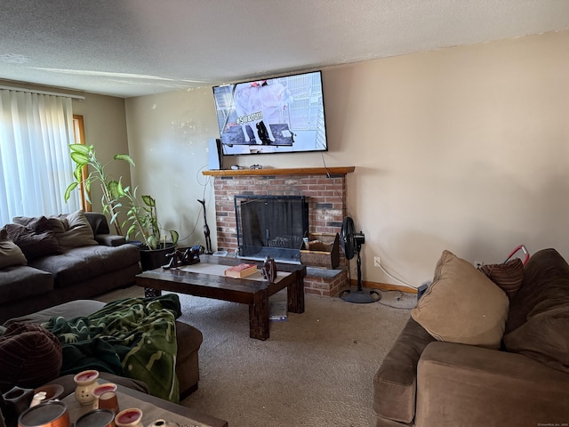 186 York St, West Haven, CT 06516 - carpeted living room with baseboards, a fireplace, and a textured ceiling