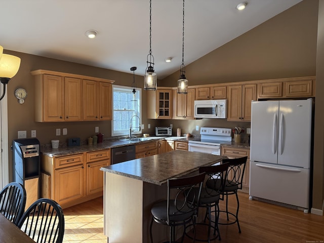 2 Anita Way, Warren, CT 06754 - kitchen featuring white appliances, light wood finished floors, a center island, dark countertops, and recessed lighting