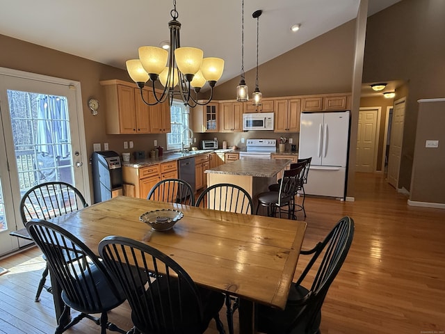 2 Anita Way, Warren, CT 06754 - dining room with a chandelier, light wood finished floors, high vaulted ceiling, and baseboards