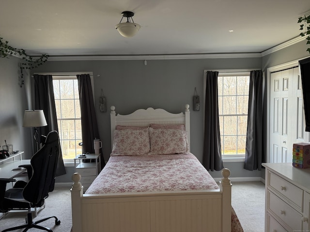 2 Anita Way, Warren, CT 06754 - bedroom featuring light carpet, baseboards, multiple windows, ornamental molding, and a closet