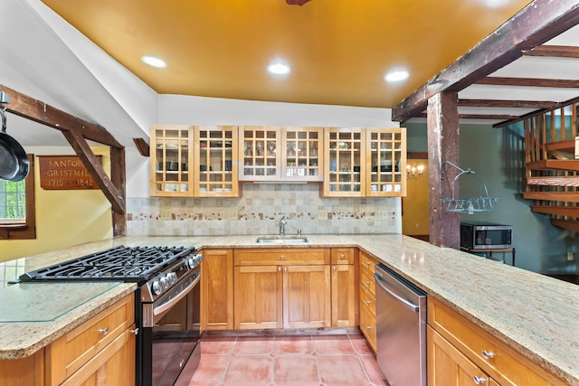 11 Glen Rd, Newtown, CT 06482 - kitchen with appliances with stainless steel finishes, a sink, tasteful backsplash, light stone countertops, and recessed lighting