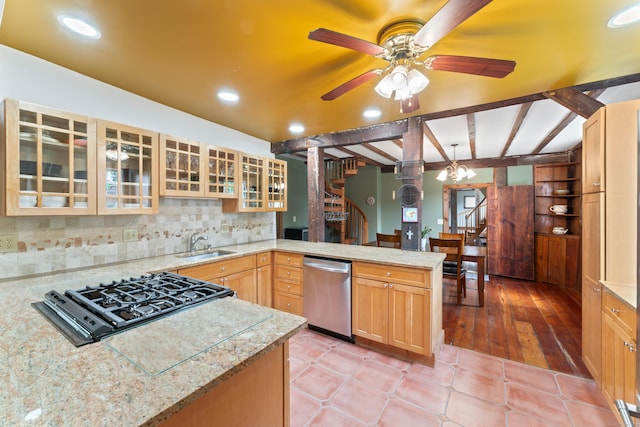 11 Glen Rd, Newtown, CT 06482 - kitchen featuring dishwasher, stovetop, beam ceiling, a ceiling fan, and a peninsula