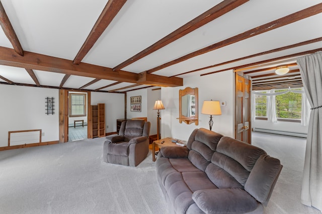 11 Glen Rd, Newtown, CT 06482 - carpeted living room with a baseboard radiator and beam ceiling