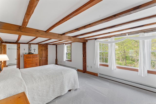11 Glen Rd, Newtown, CT 06482 - bedroom with baseboard heating, beamed ceiling, light carpet, and baseboards