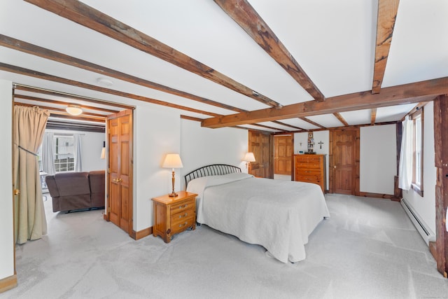 11 Glen Rd, Newtown, CT 06482 - bedroom featuring a baseboard radiator, light carpet, baseboards, and beamed ceiling