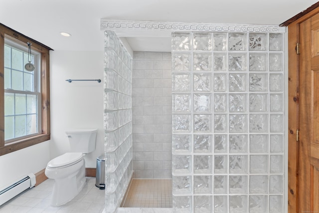11 Glen Rd, Newtown, CT 06482 - bathroom featuring a baseboard heating unit, walk in shower, toilet, tile patterned flooring, and recessed lighting