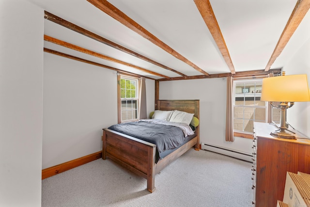 11 Glen Rd, Newtown, CT 06482 - bedroom featuring baseboard heating, carpet, beam ceiling, and baseboards