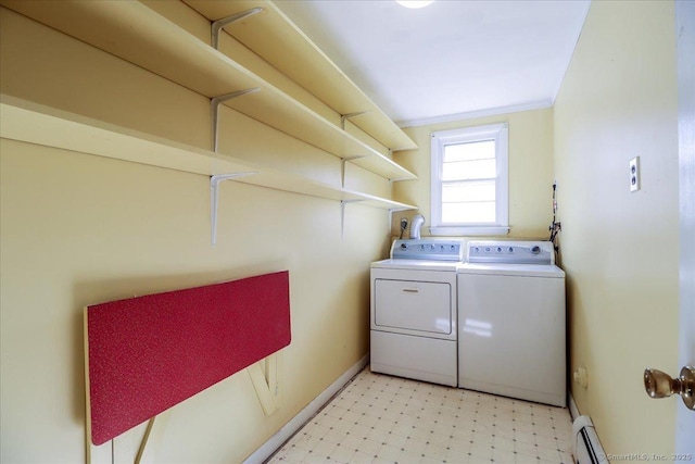 6 Pell Mell Dr, Bethel, CT 06801 - laundry room featuring laundry area, light floors, a baseboard radiator, baseboards, and washing machine and dryer