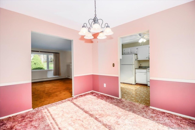 6 Pell Mell Dr, Bethel, CT 06801 - unfurnished room with baseboard heating, ceiling fan with notable chandelier, carpet flooring, and baseboards