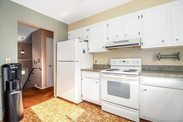 6 Pell Mell Dr, Bethel, CT 06801 - kitchen with exhaust hood, white appliances, white cabinets, and light floors