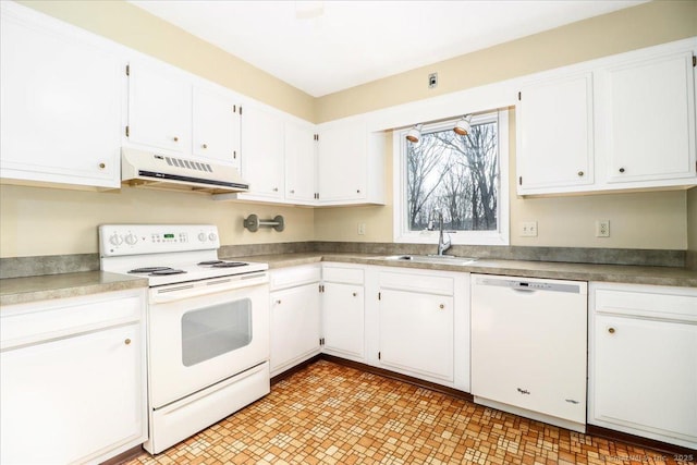 6 Pell Mell Dr, Bethel, CT 06801 - kitchen with under cabinet range hood, a sink, white appliances, and white cabinets