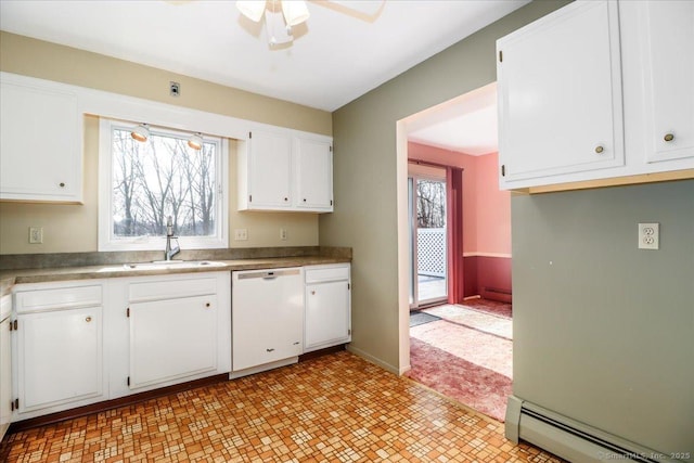 6 Pell Mell Dr, Bethel, CT 06801 - kitchen with light floors, white cabinetry, a baseboard heating unit, a sink, and white dishwasher