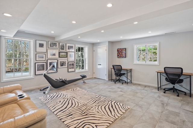 office space featuring baseboards and recessed lighting