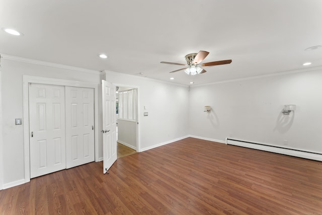 57 Bellevue Ter, Seymour, CT 06483 - interior space with ornamental molding, ceiling fan, baseboard heating, recessed lighting, and wood finished floors