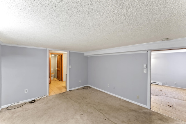 57 Bellevue Ter, Seymour, CT 06483 - interior space featuring baseboards, a baseboard radiator, a textured ceiling, crown molding, and carpet floors