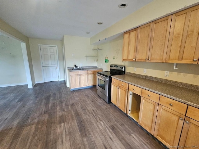 205 Flanders Rd, East Lyme, CT 06357 - kitchen featuring stainless steel electric range, dark wood-style floors, and dark countertops