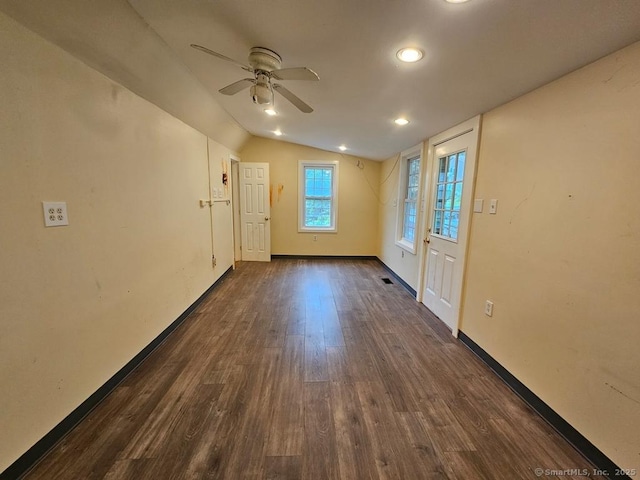 205 Flanders Rd, East Lyme, CT 06357 - empty room with vaulted ceiling, dark wood-style flooring, a ceiling fan, baseboards, and recessed lighting