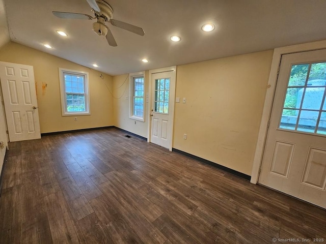 205 Flanders Rd, East Lyme, CT 06357 - foyer featuring a ceiling fan, lofted ceiling, dark wood finished floors, baseboards, and recessed lighting