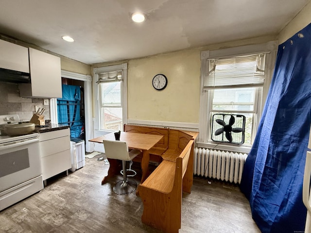 kitchen featuring exhaust hood, light wood-style flooring, electric range, radiator heating unit, and recessed lighting