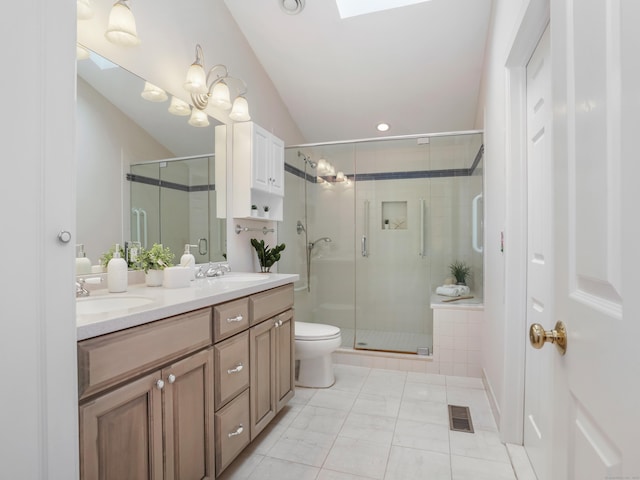 8 Argentine Way, Norwalk, CT 06850 - full bath featuring a stall shower, double vanity, lofted ceiling, toilet, and recessed lighting