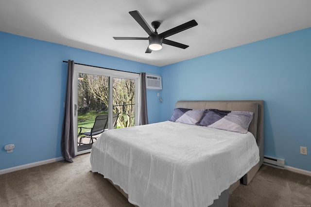 136 Pembroke Rd Unit 6-49, Danbury, CT 06811 - carpeted bedroom featuring baseboards, a wall mounted air conditioner, ceiling fan, access to outside, and a baseboard radiator
